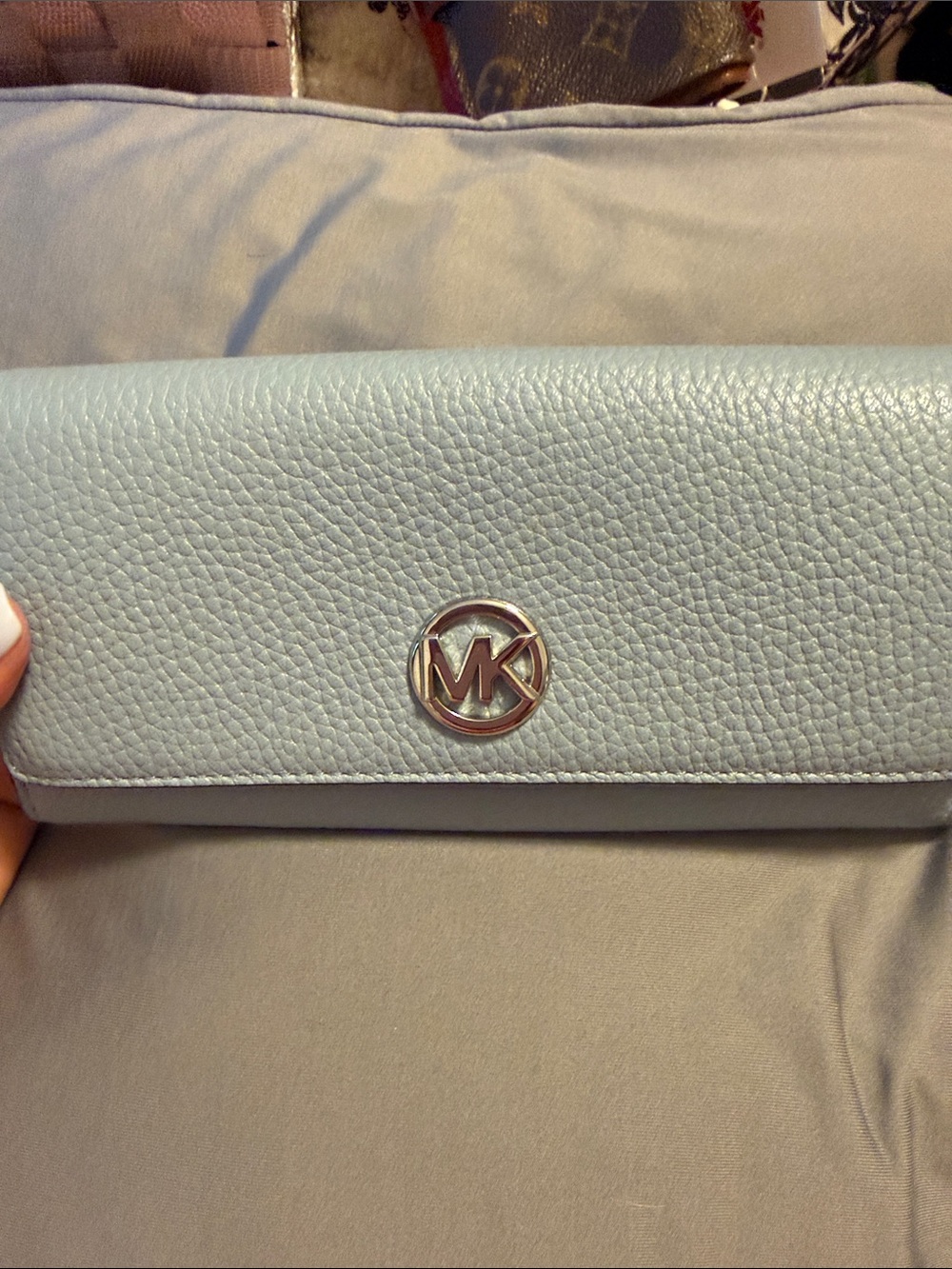 Michael Kors Light Blue Pebbled Leather Clutch with MK Logo